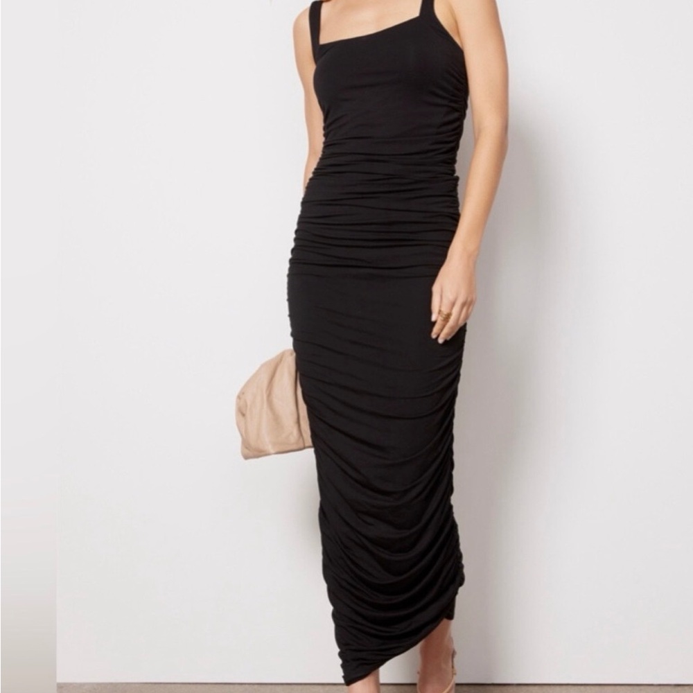 Good American Black Ruched Square-Neck Maxi Dress